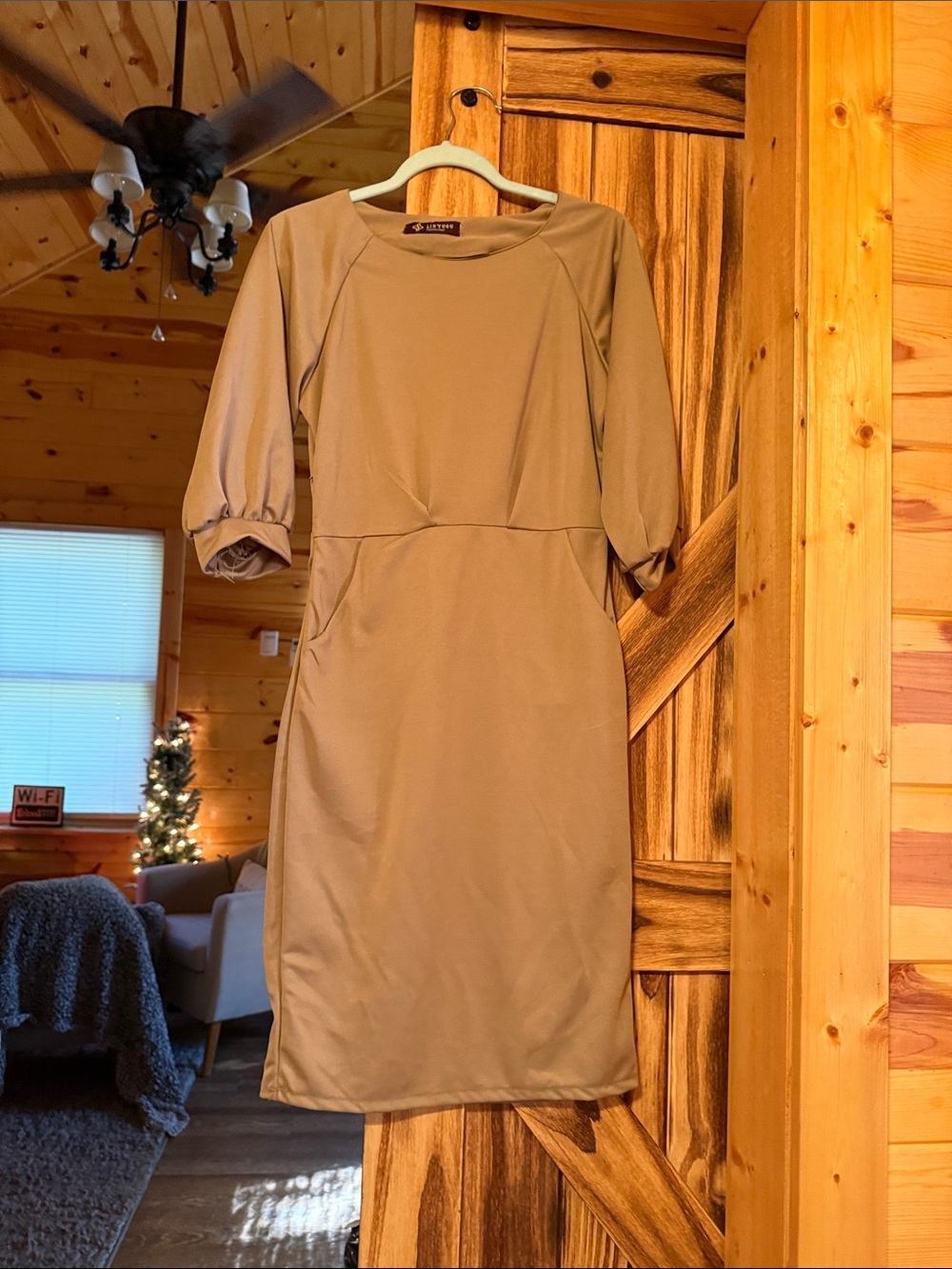 Taupe Midi Dress with Three-Quarter Puff Sleeves